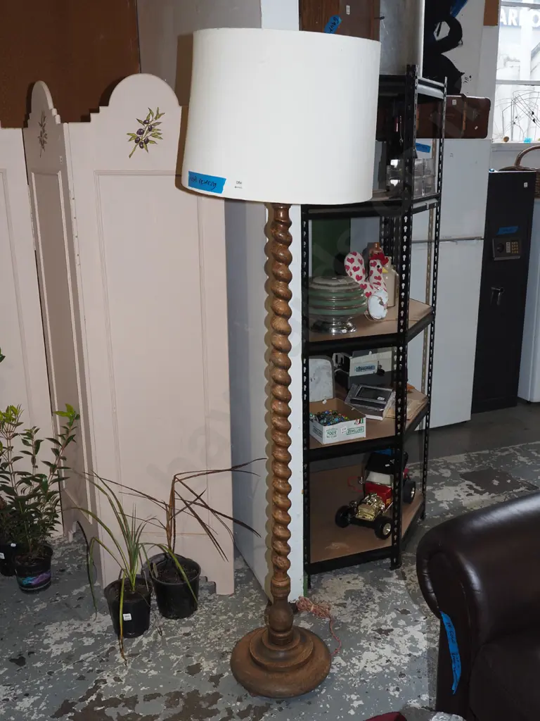 oak barley twist standard lamp  - shade loose, lamp needs rewiring Image 1++