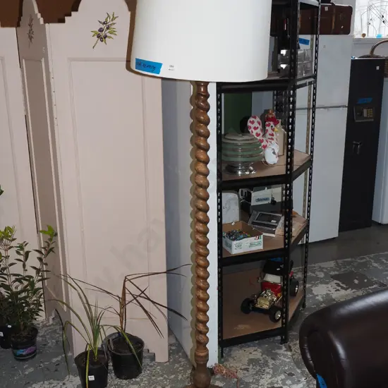 oak barley twist standard lamp  - shade loose, lamp needs rewiring
