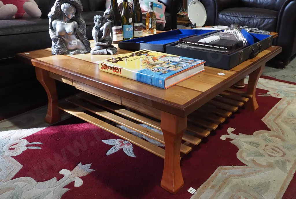 homemade table made from mixed timbers with slat magazine rack H400 W1040 D1050 Image 1++