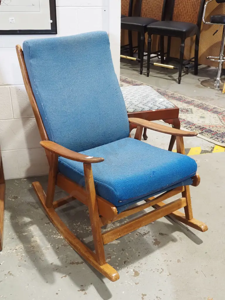 mahogany mid century blue rocking chair - needs attention Image 1++