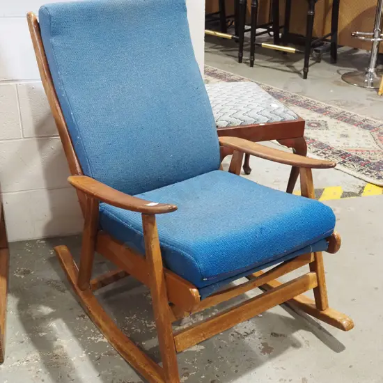mahogany mid century blue rocking chair - needs attention