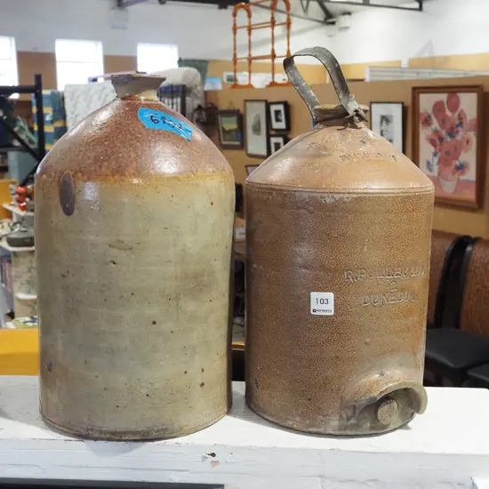 2x salt glazed crocks - both have damage H390