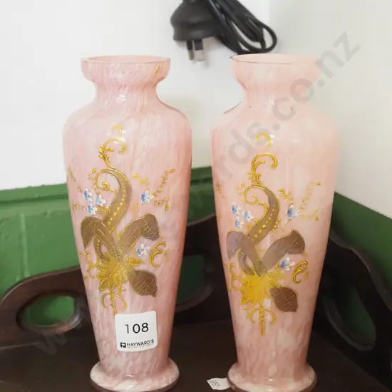 2x mottled glass hand decorated vases H25