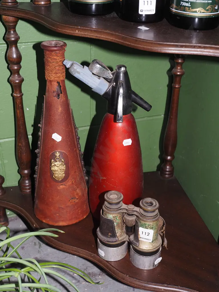 vintage leather cased bottle, binoculars - faults etc Image 1++