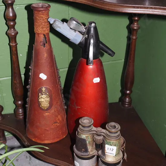 vintage leather cased bottle, binoculars - faults etc