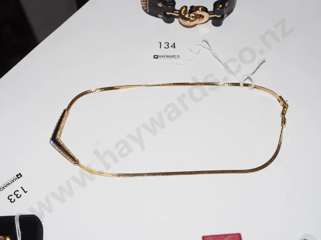Swarovski gold tone black enamel CZ necklace 13gms Image 1++