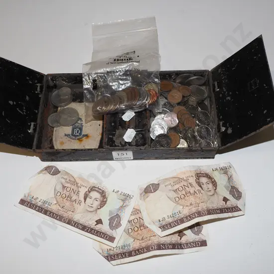 vintage cash box, bank notes & coins