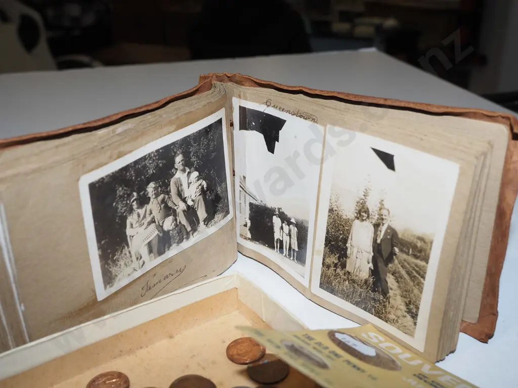 vintage NZ international exhibition photo album & photos + box of coins Image 1++