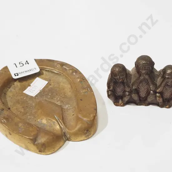 brass horse shoe themed ashtray & small monkey figurine