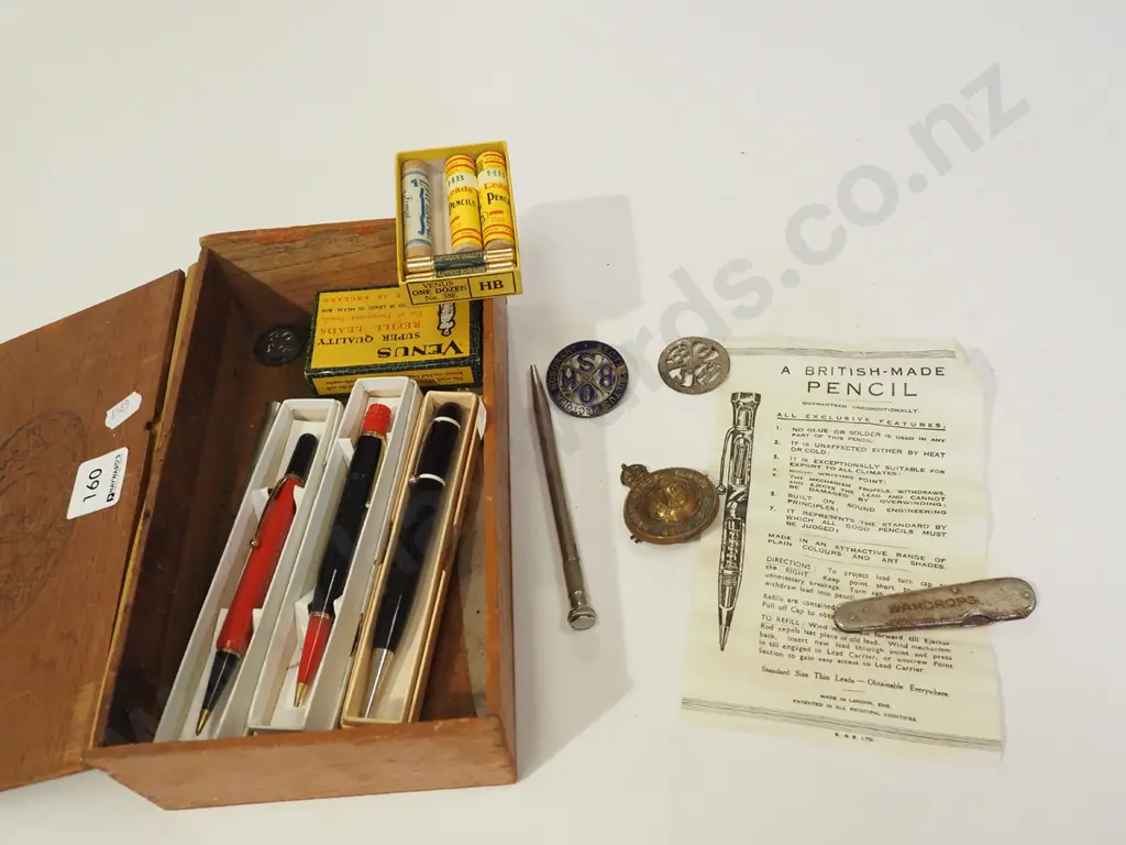 wooden box; vintage pencils, pens, leads etc Image 1++