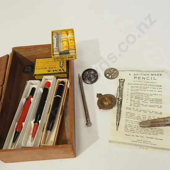 wooden box; vintage pencils, pens, leads etc