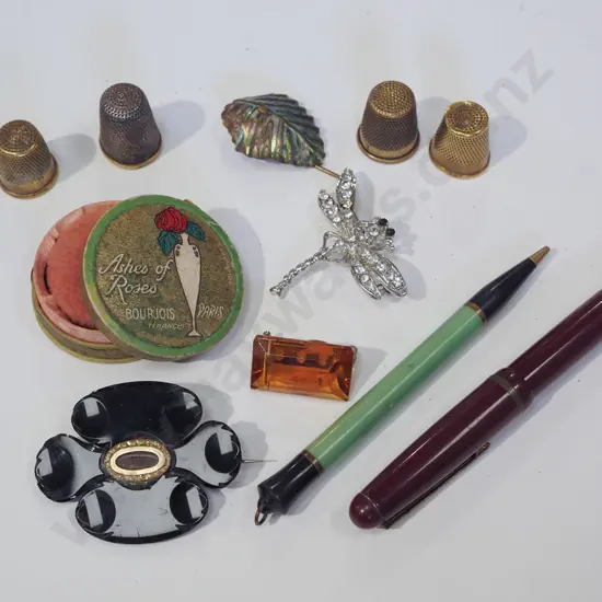 box; thimbles, brooches, vintage fountain pen etc