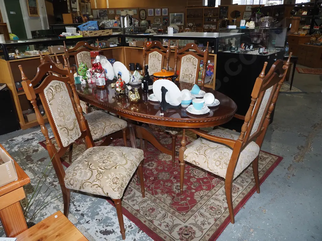 mahogany veneer extending pedestal dining table with 6 highback chairs including 2 carvers Image 1++