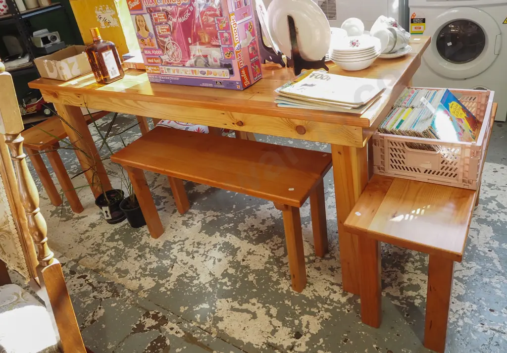 homemade pine mixed timbers dining table with 4x bench seats H760 W1645 D 740 Image 1++