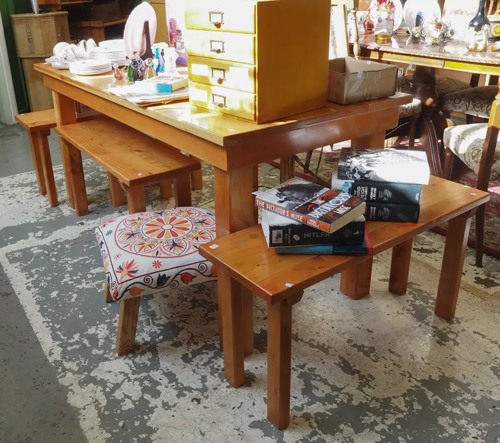 homemade pine mixed timbers dining table with 4x bench seats H760 W1645 D 740 Image 1++