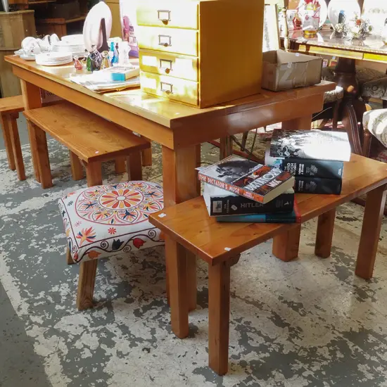 homemade pine mixed timbers dining table with 4x bench seats H760 W1645 D 740