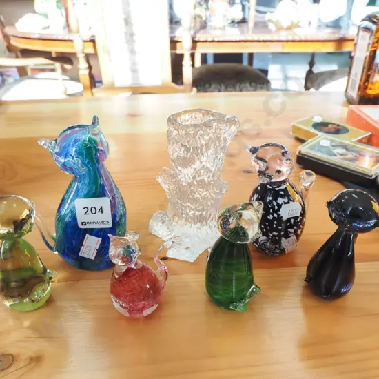 art glass cat figurines, tree stump candle holder H110