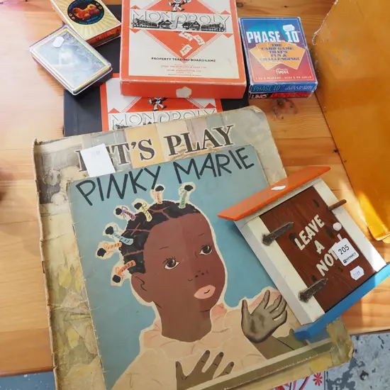 monopoly, leave a note cupboard, books etc