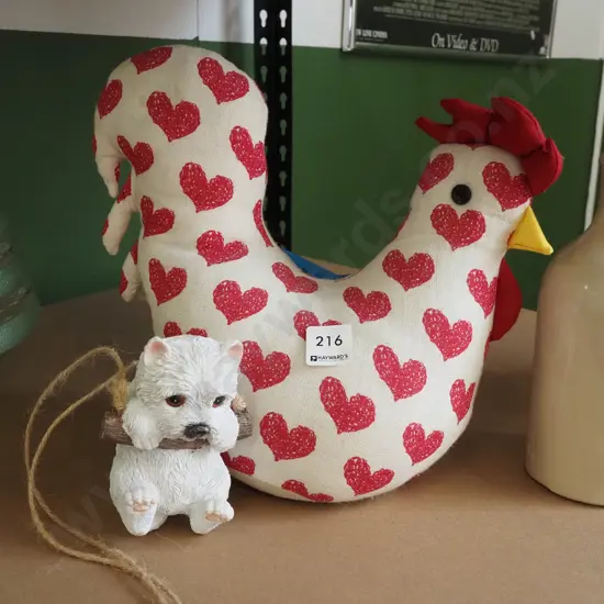 chicken themed door stop, composite dog figurine