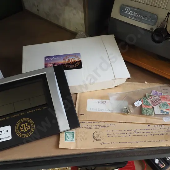 digital clock, stamps