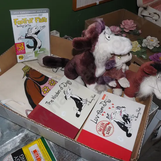 box; Footrot Flats items; toys, books, apron etc