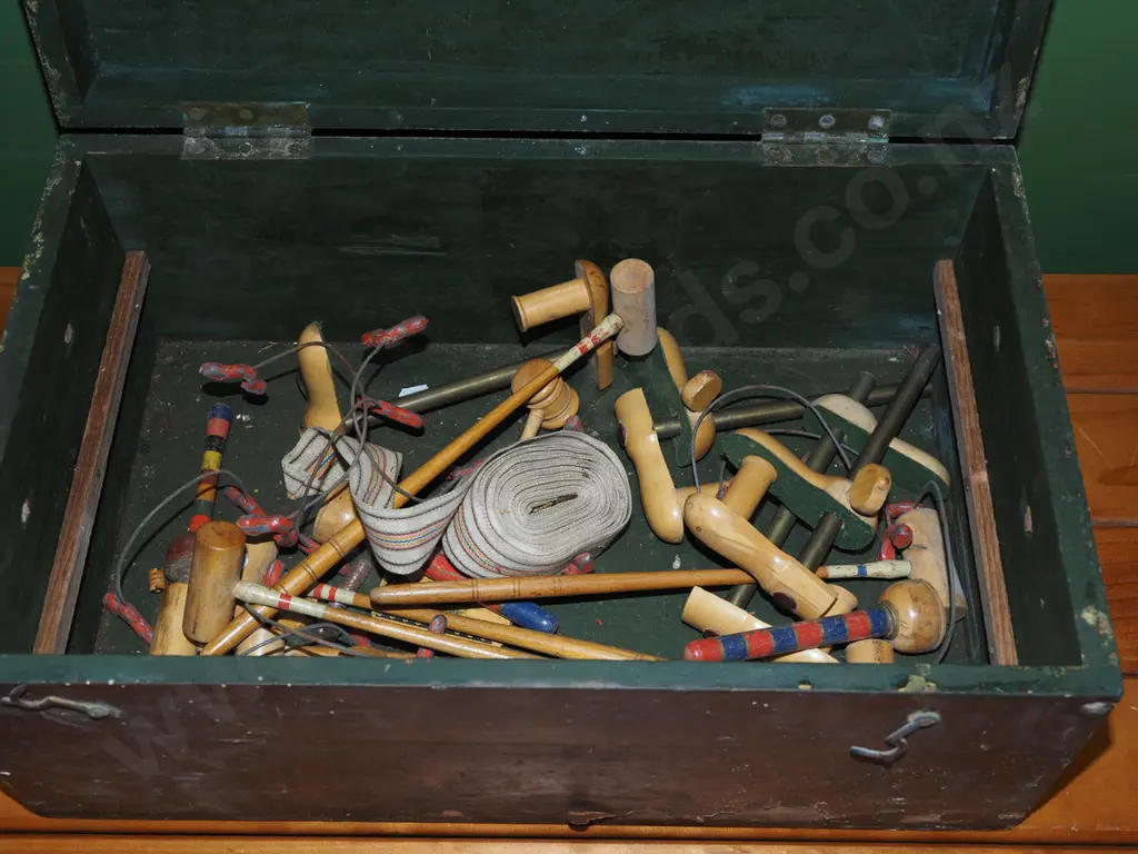 vintage wooden toy box and table top croquet Image 1++