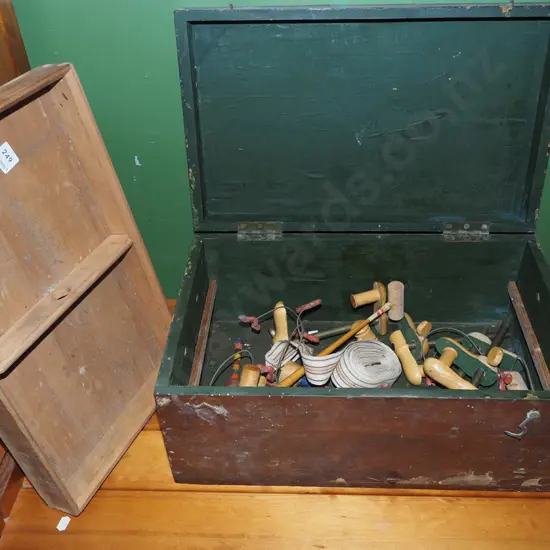 vintage wooden toy box and table top croquet