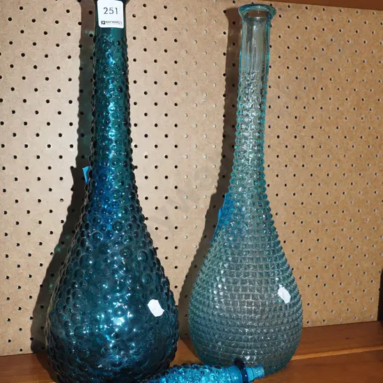 2x glass genie bottles - 1 broken stopper, 1 missing stopper