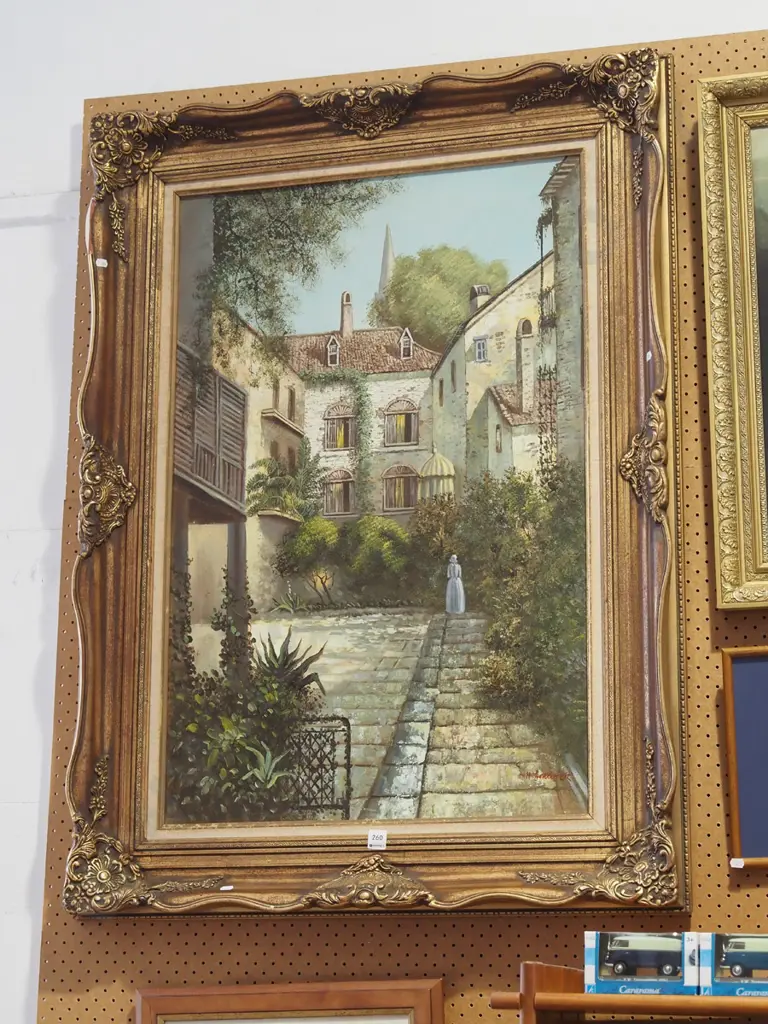 gilt framed oil - court yard and garden scene H1150 Image 1++