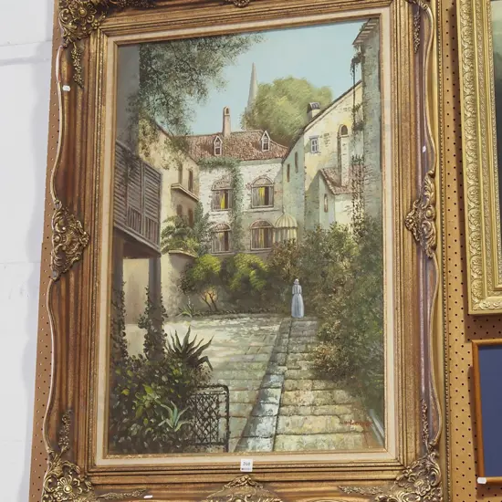 gilt framed oil - court yard and garden scene H1150