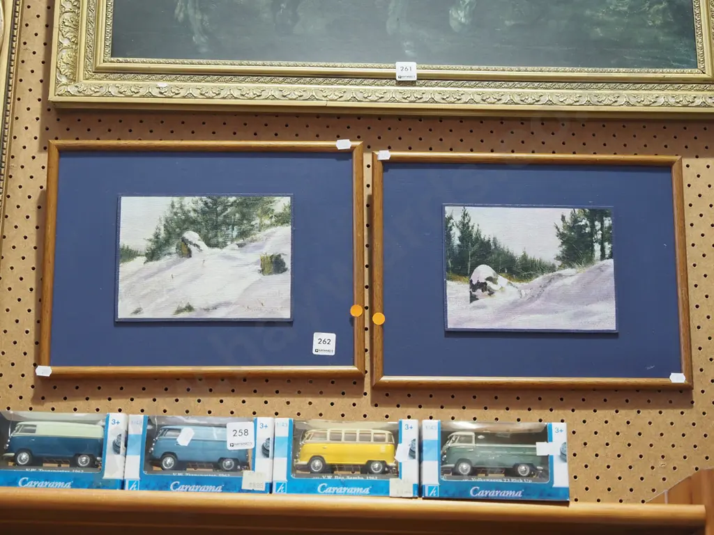 2x framed oils - snow scene landscapes - orange dots Image 1++