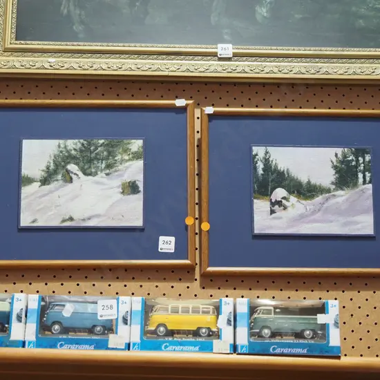 2x framed oils - snow scene landscapes - orange dots