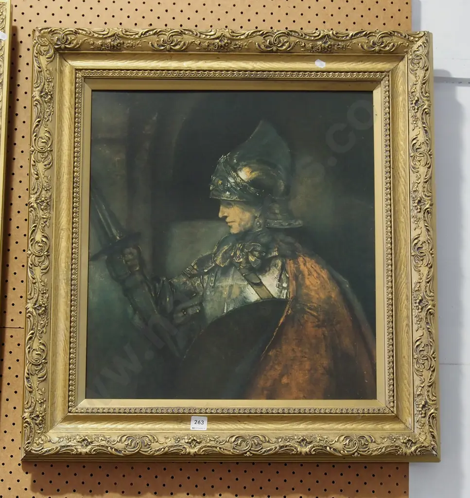 gilt framed Rembrandt print - a man in armour  H7200 Image 1++