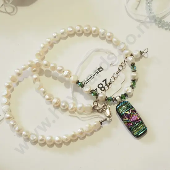 sterling silver clasp pearl beaded glass pendant necklace 24gms