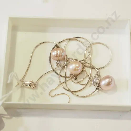 sterling pearl & cz pendant necklace & earrings 8gms