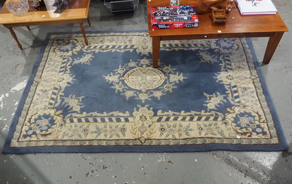 Indian woollen floor mat, blues, creams, greens & browns L2230 W1590 Image 1++