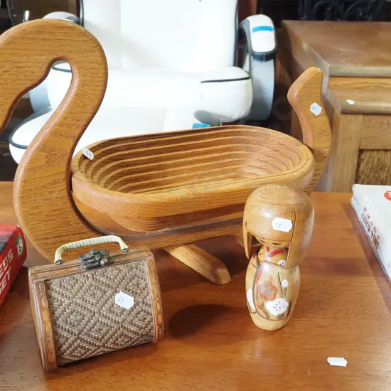 wooden bird bowl, Japanese figurine etc