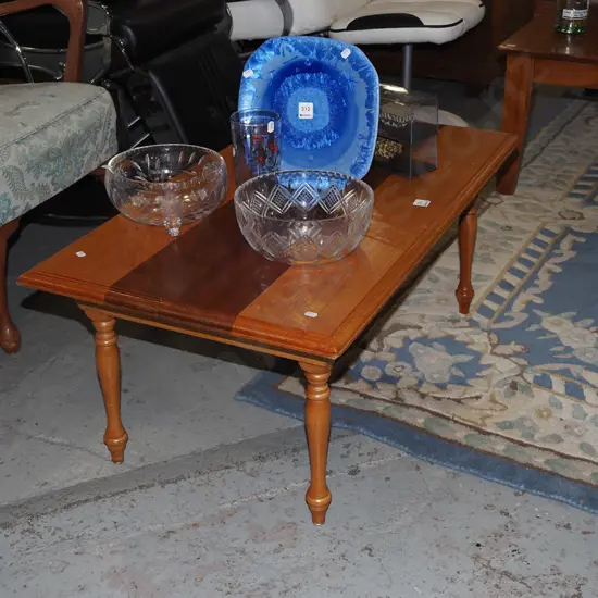 home made mixed timbers coffee table on turned legs H380 W900 D500