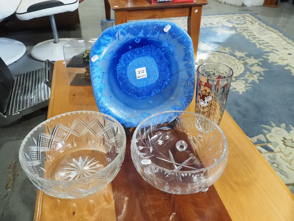 studio pottery plate & 2 cut crystal bowls & cocktail tumbler Image 1++