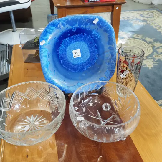 studio pottery plate & 2 cut crystal bowls & cocktail tumbler