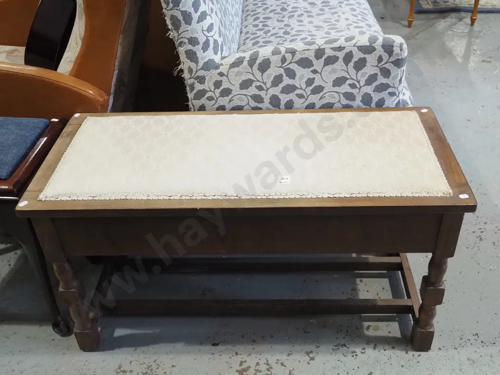dark stained uphostered topped piano stool, marks to upholstery Image 1++