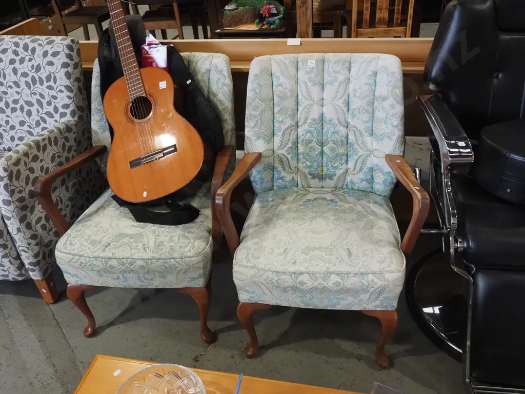 pair of cab leg, green & white floral upholstered armchairs, some wear to fabric & varnish needs attention Image 1++