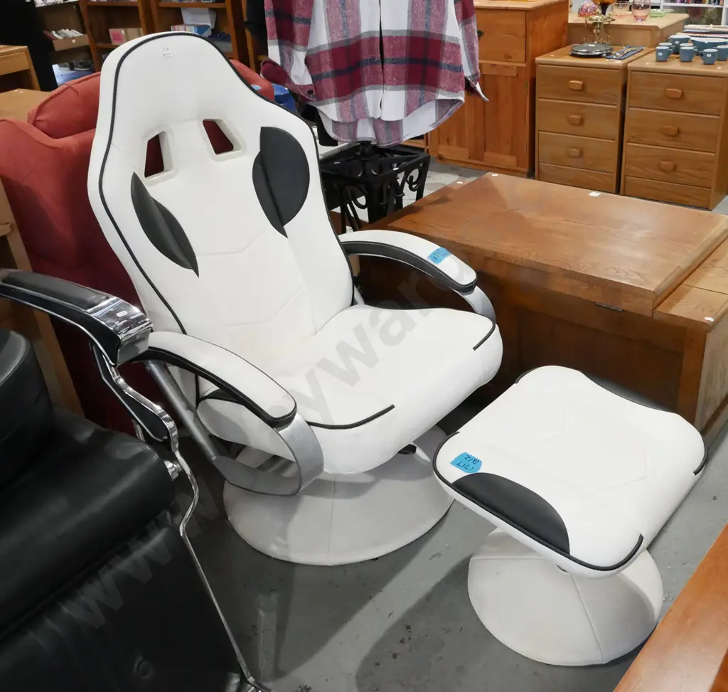 cream & black vinyl reclining, swivel armchair with matching footstool Image 1++