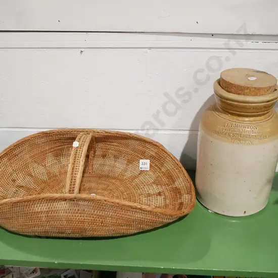 cane basket, JT Morton crock