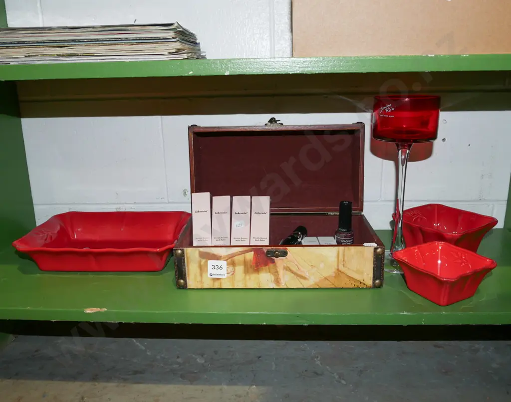 shelf; red ceramic bowls, trinket box, skin care miniatures, red glass goblet etc Image 1++