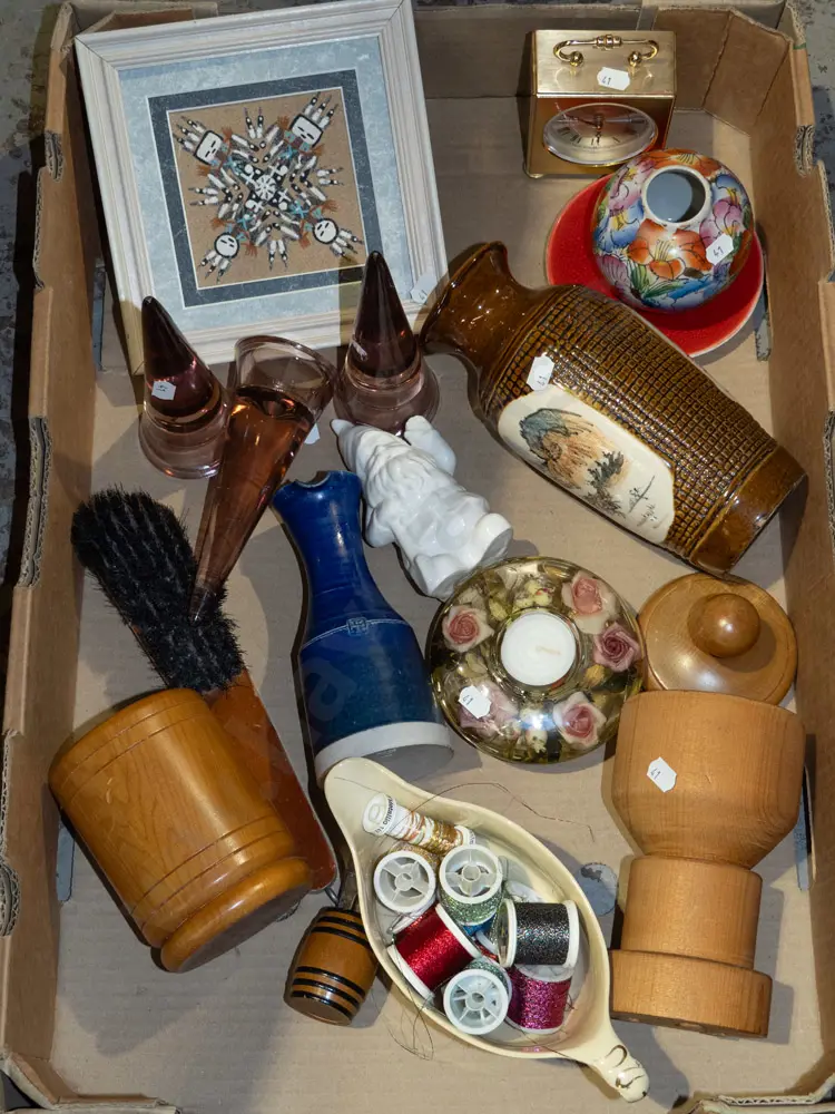 box; clothes brush, turned wooden canister, threads etc Image 1++