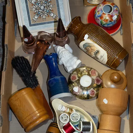 box; clothes brush, turned wooden canister, threads etc