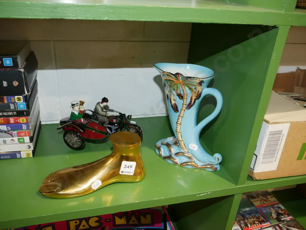 heavy brass footed incense burner, clockwork motorcycle and Beswick palm vase Image 1++