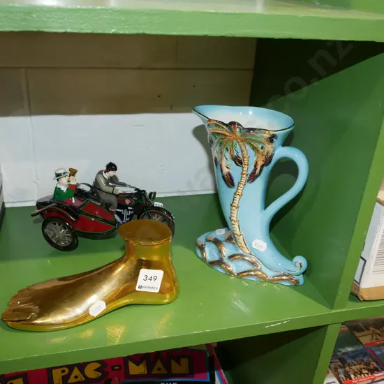 heavy brass footed incense burner, clockwork motorcycle and Beswick palm vase