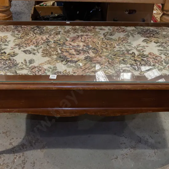 mahogany cab leg upholstered and glass top coffee table with lift up storage H500 W1000 D530